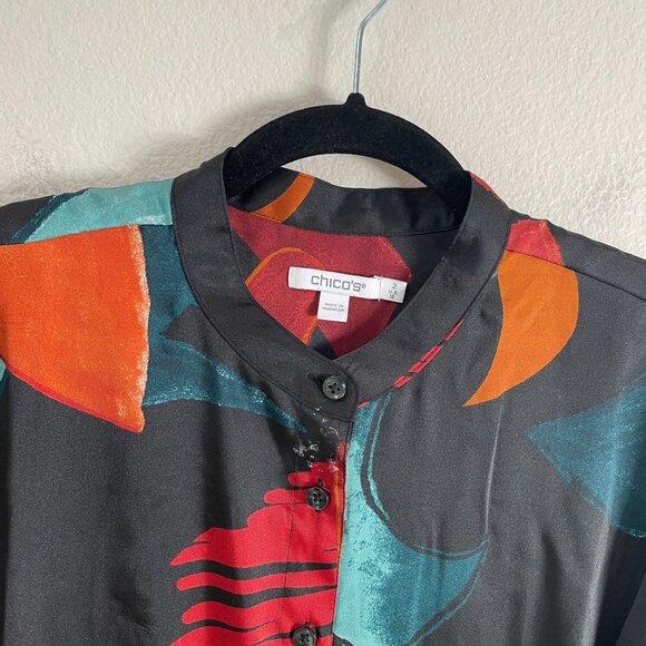 CHICOS Womens 12 Abstract Print Button Up Blouse Long Sleeve Tie Cuff Shirt Top - Picture 9 of 13